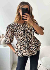 Leopard Print Puff Sleeve Tie Front Top