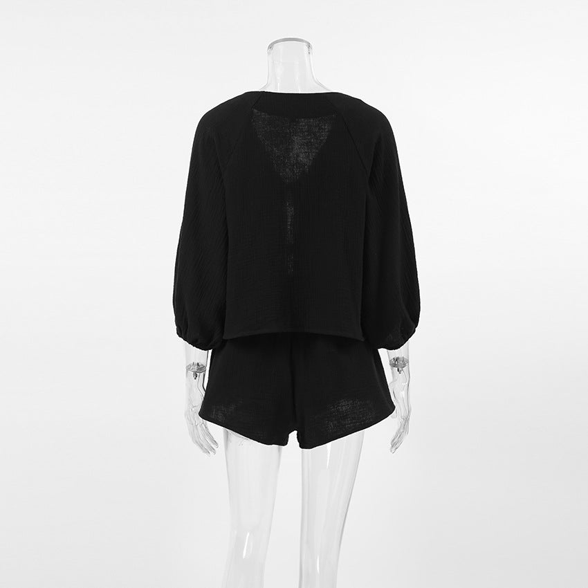 Tie-Front Long Sleeve Shorts Set