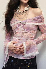 Off-Shoulder Floral Print Ruffled Lace Long-Sleeved Top