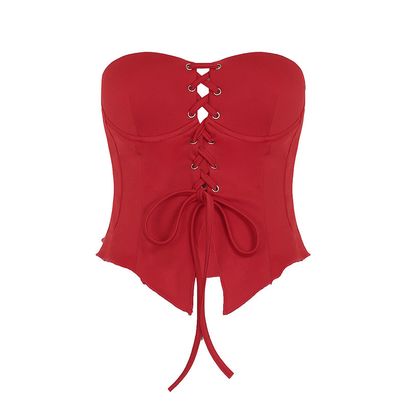 Red Lace-up Bandeau Irregular Top