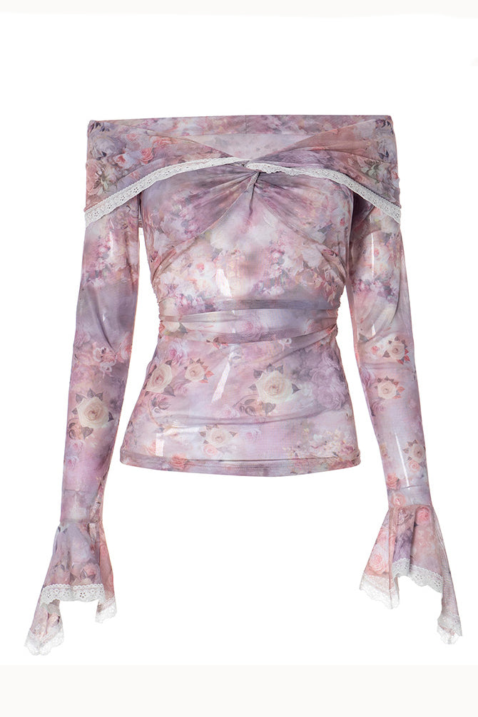 Off-Shoulder Floral Print Ruffled Lace Long-Sleeved Top