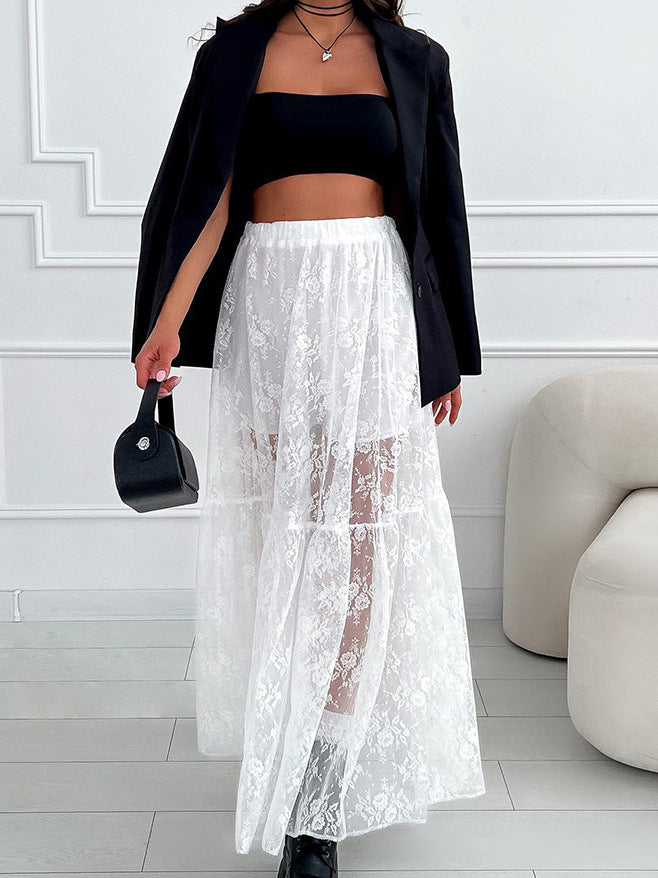 See-Through Lace A-Line Elastic Waist Long Skirt