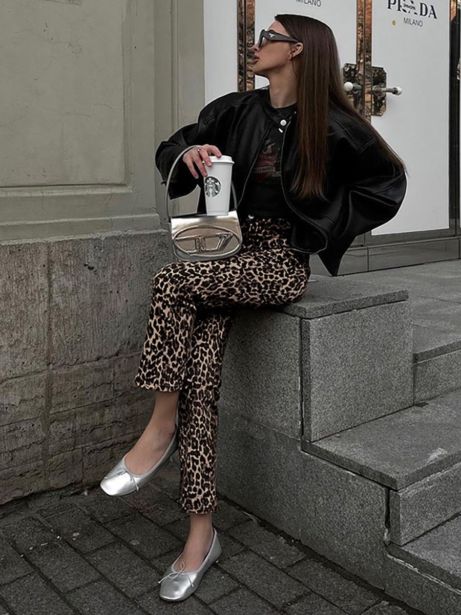 Leopard Print High Waist Long Pants