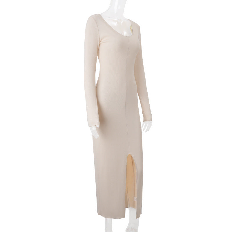 U-neck High Waist Slim Fit Slit Knitted Dress
