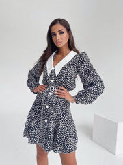 Lapel Lantern Sleeves Ditsy Floral Dress