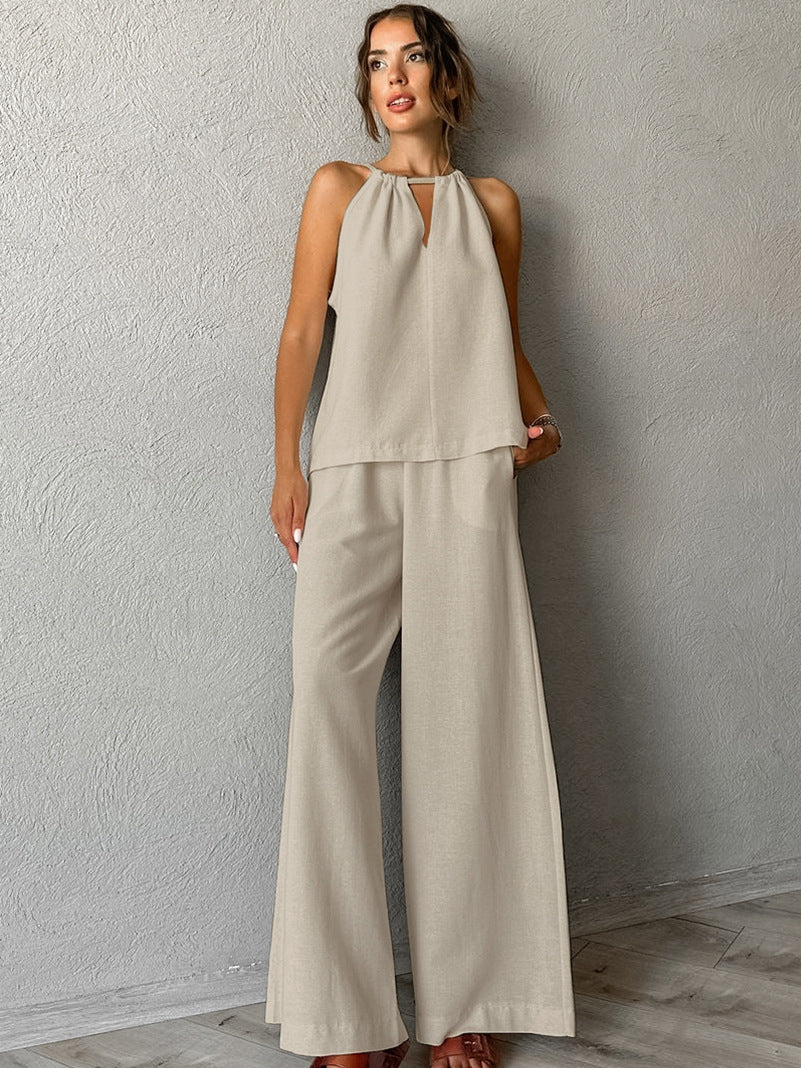 Hollow Out Neck Lace Up Sleeveless Vest+wide Leg Pants Two Piece Sets