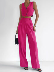 V-Neck Vest Sleeveless Top Straight Trousers Set