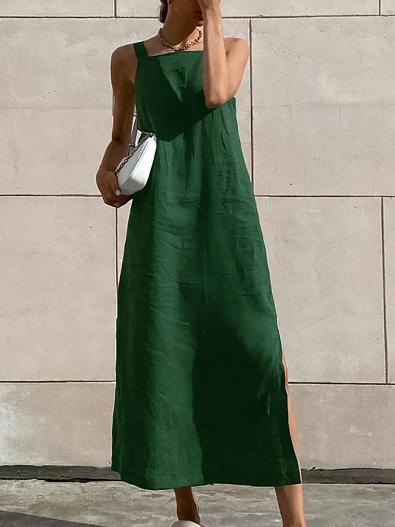 Green Cotton And Linen Sleeveless Slit Dress