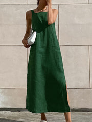 Green Cotton And Linen Sleeveless Slit Dress