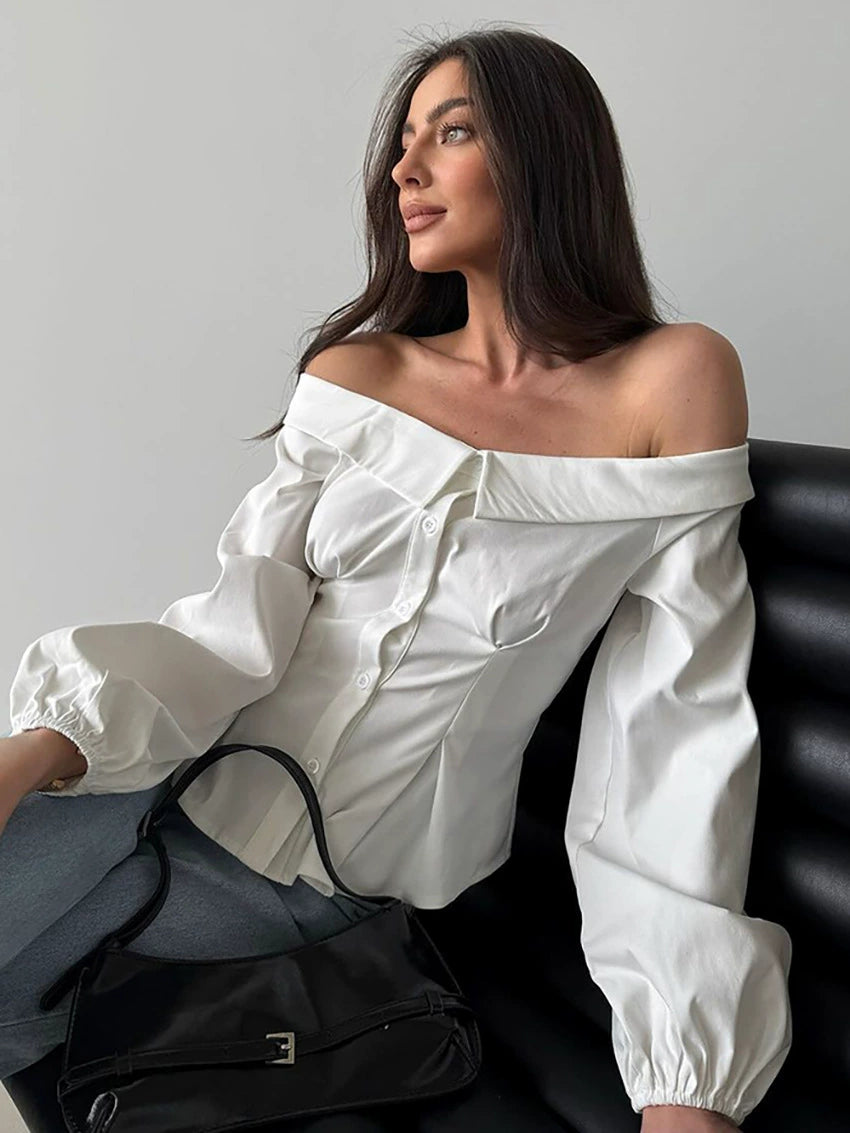 White Button-up Off-shoulder Top