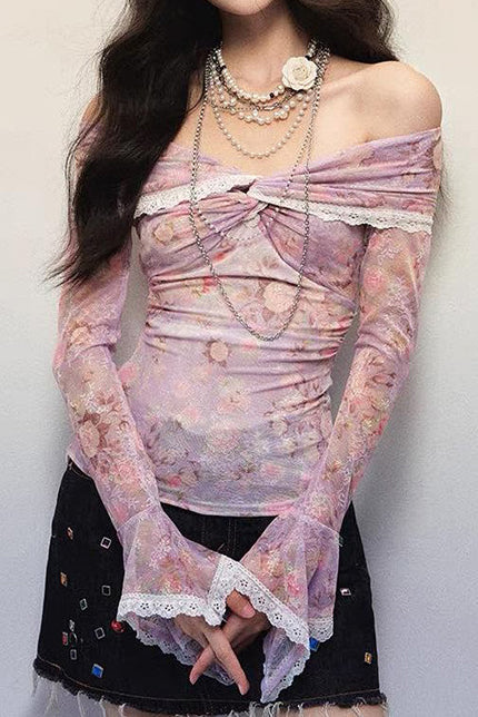 Off-Shoulder Floral Print Ruffled Lace Long-Sleeved Top
