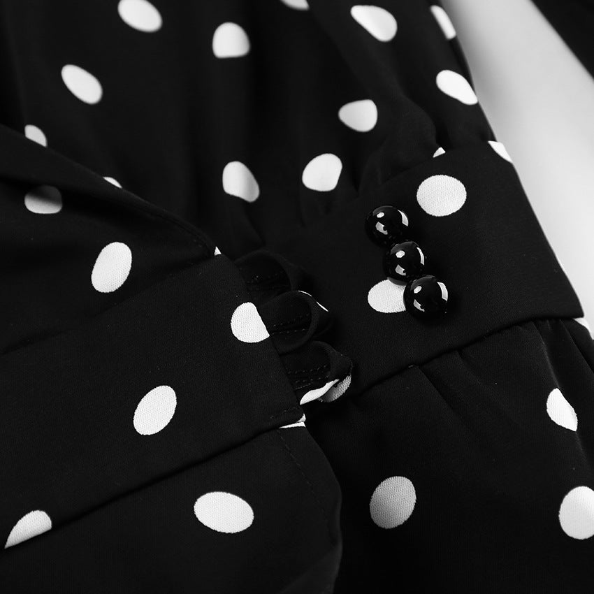 V-Neck Polka Dot Long Sleeve Black Short Dresses