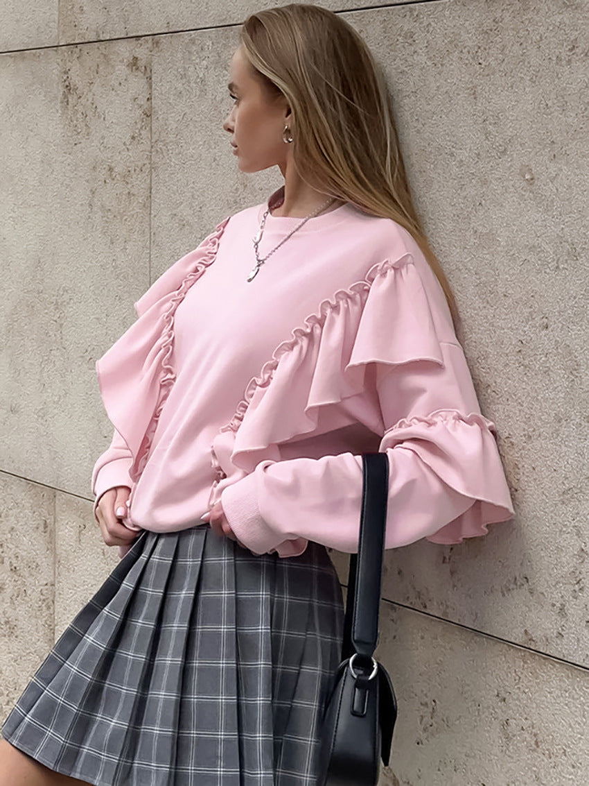 Flouncy Round Neck Long Sleeve  Loose Sweatshirt