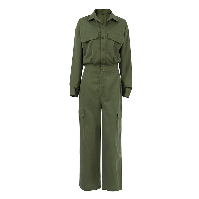 Long Sleeve Single-breasted Cargo Jumpsuits