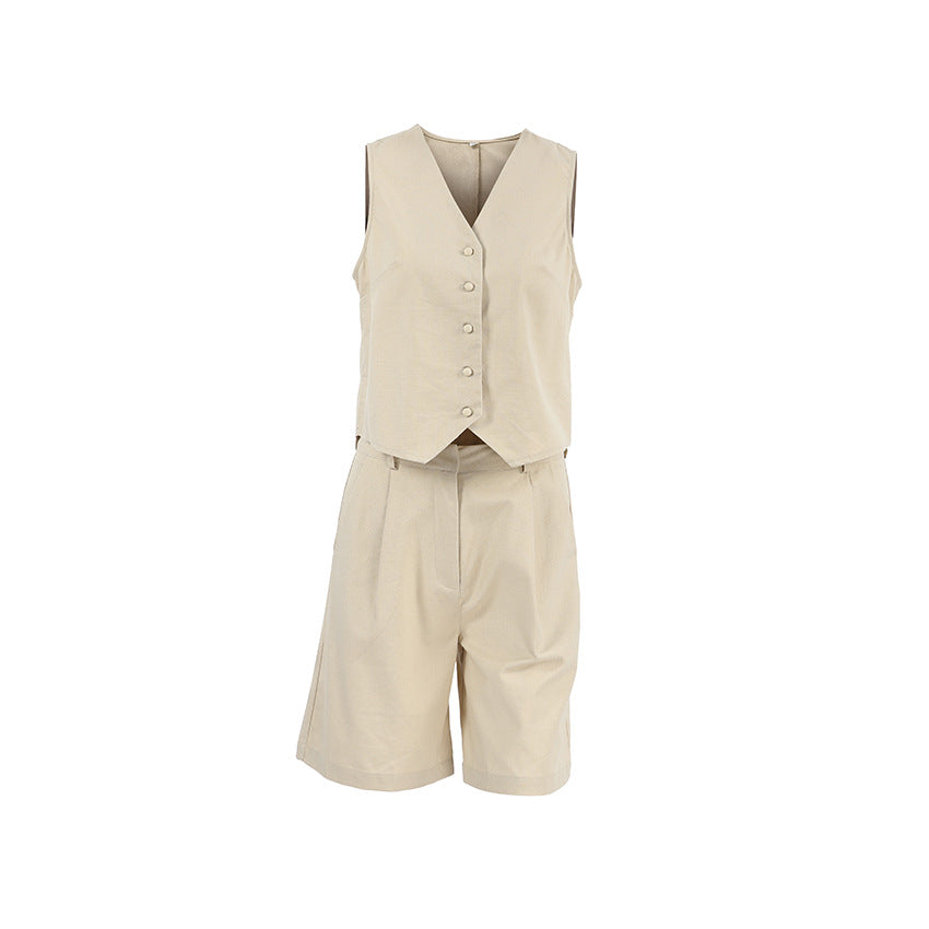 V Neck Vest Sleeveless Tops and Pockets Shorts Set