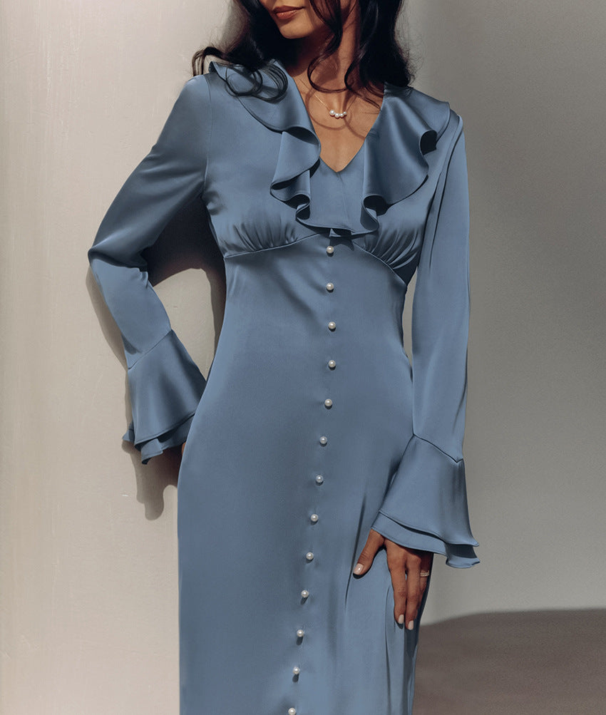 Satin Midi Dress With Flounced Collar And Pearl Buttons