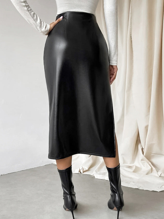 Sheath Leather Skirt Autumn And Winter Black Slit Straight Skirt