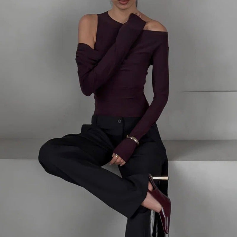 Slim Long Sleeve Cross Wrap  Off Shoulder Crop Top