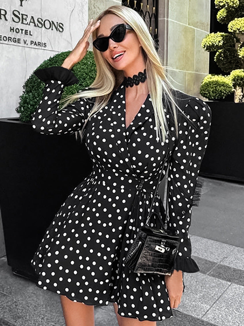 V-Neck Polka Dot Long Sleeve Black Short Dresses