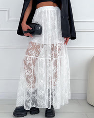 See-Through Lace A-Line Elastic Waist Long Skirt