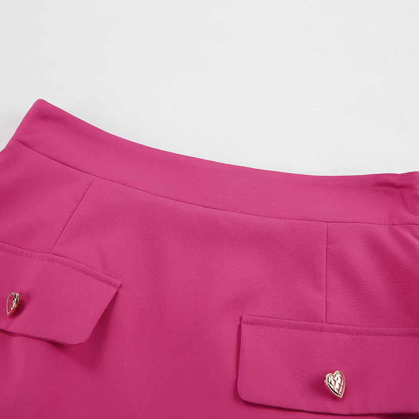 Pink High Waist Flap Detail Straight Skirt