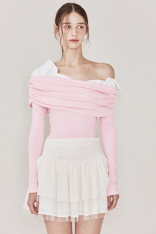 Off-Shoulder Colorblock Long-Sleeved Slim-Fit T-shirt