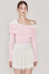 Off-Shoulder Colorblock Long-Sleeved Slim-Fit T-shirt