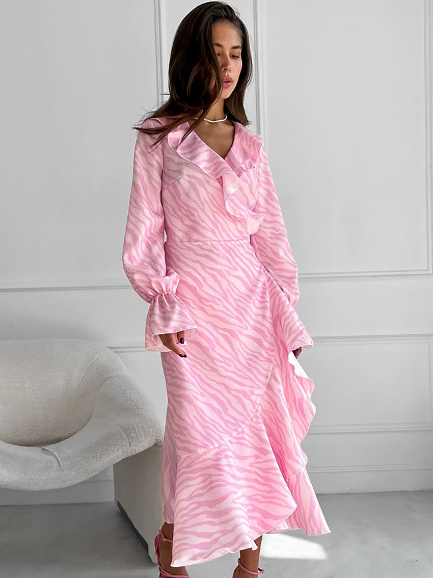 Zebra Print Lace Up Ruffle V Neck A Line Dresses