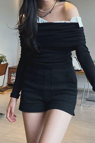 Off-Shoulder Colorblock Long-Sleeved Slim-Fit T-shirt