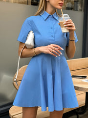 Blue Short Sleeve Waist Cinching Shirt Dress