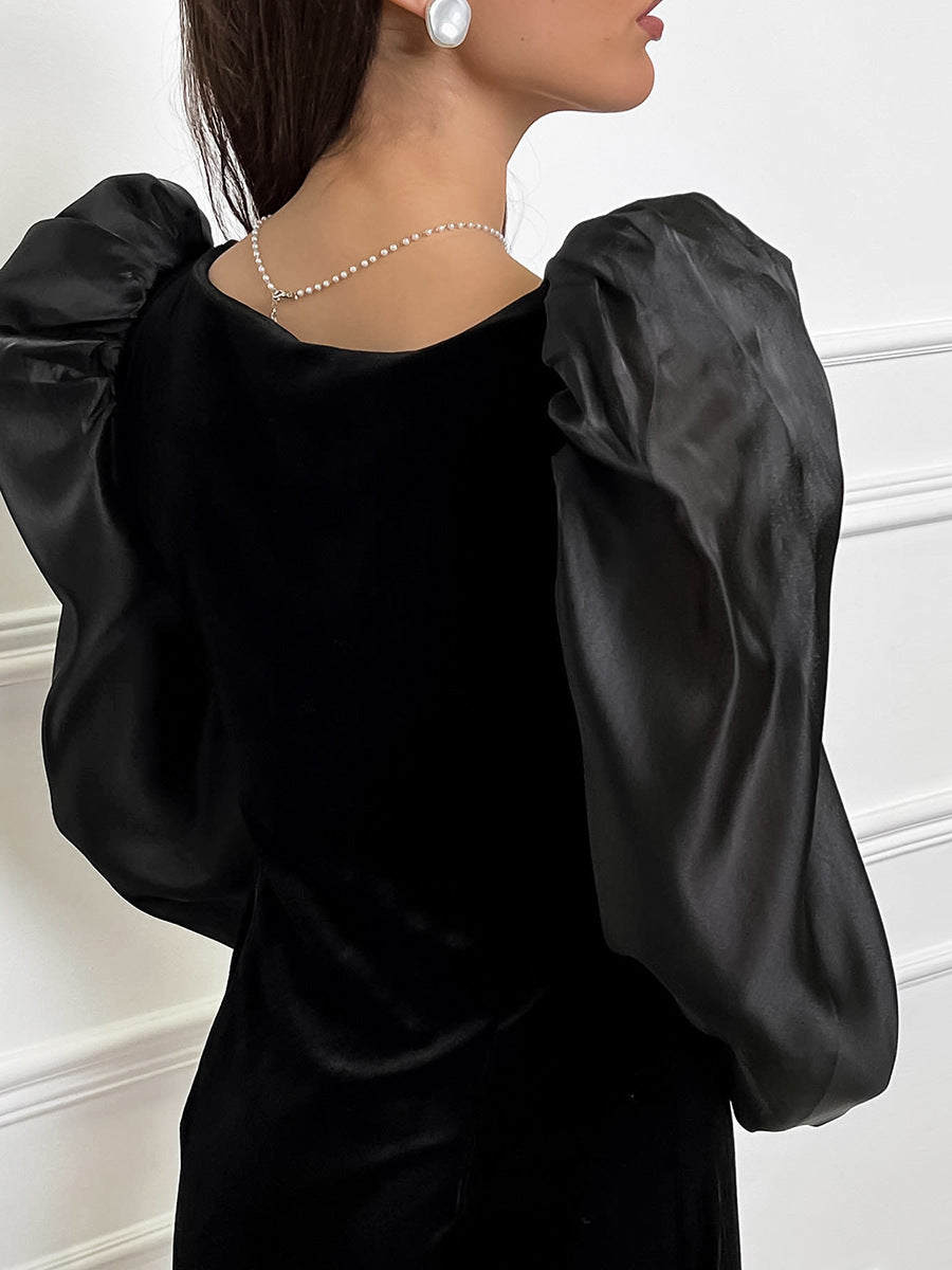 Square Collar Puff Sleeve Velvet Dress