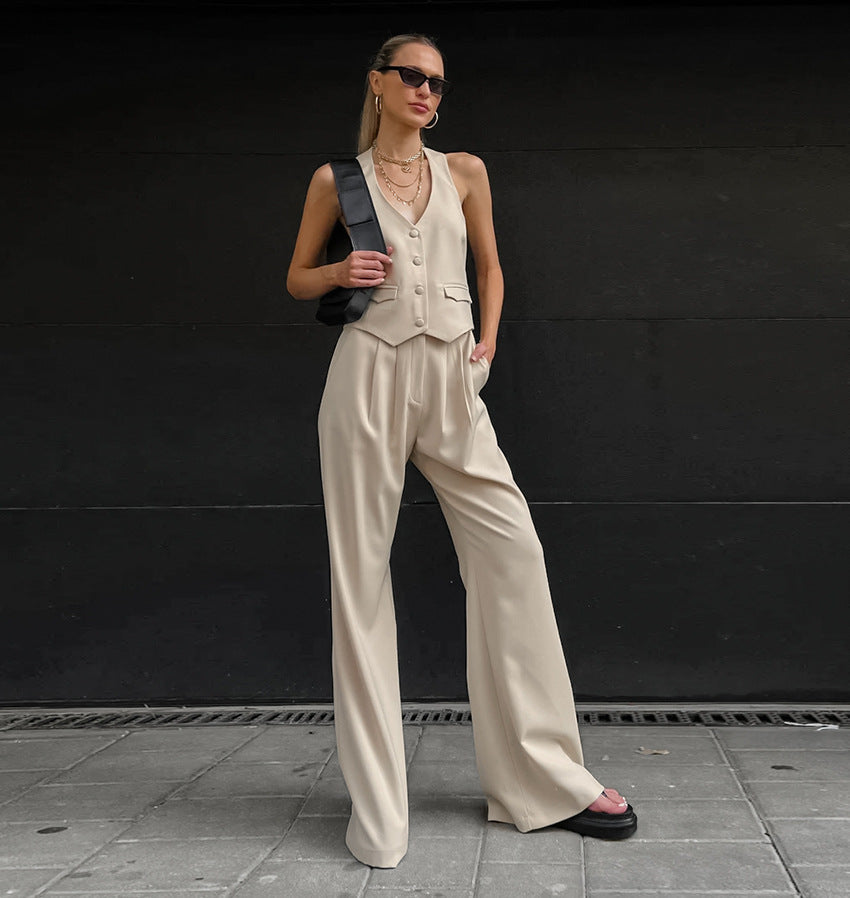 V-Neck Halter Vest Wide-Leg Pants Suit