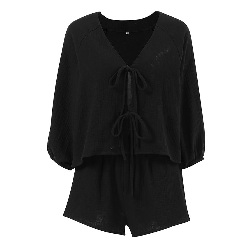 Tie-Front Long Sleeve Shorts Set
