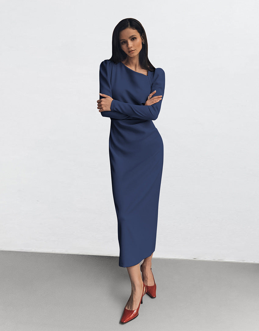 Fitted Midi Dress With Asymmetric Neckline