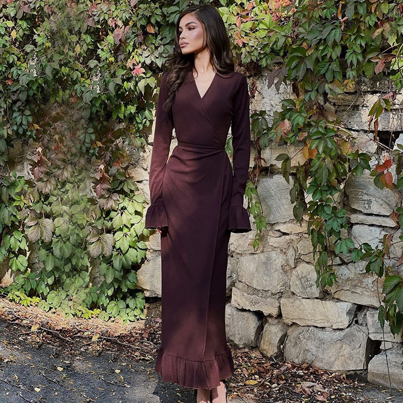 V-Neck Slim Fit Slit Trumpet Sleeve Dress