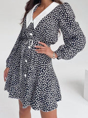 Lapel Lantern Sleeves Ditsy Floral Dress