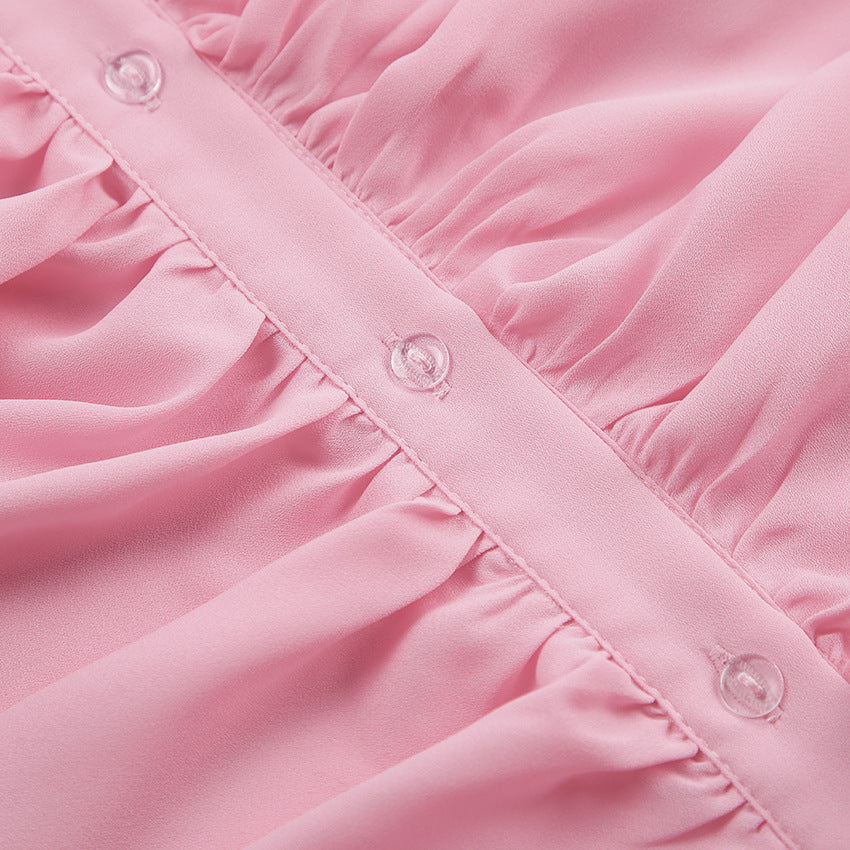 Bell Sleeve Up Sheer Chiffon Ruffle Blouse