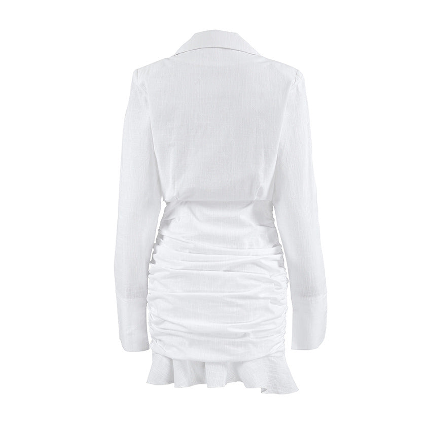 White Solid Deep V-Neck Long Sleeve Fitted Ruched Shirt Dress