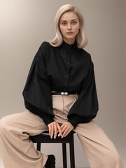 Lapel Lantern Sleeve  Shirt