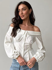 White Button-up Off-shoulder Top