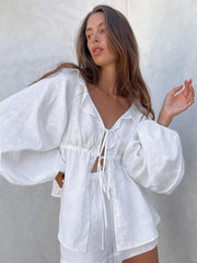 White V-Neck Bubble Sleeve Two Piece Set