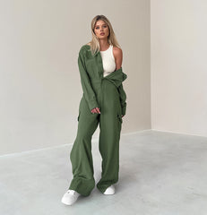 Long Sleeve Single-breasted Cargo Jumpsuits