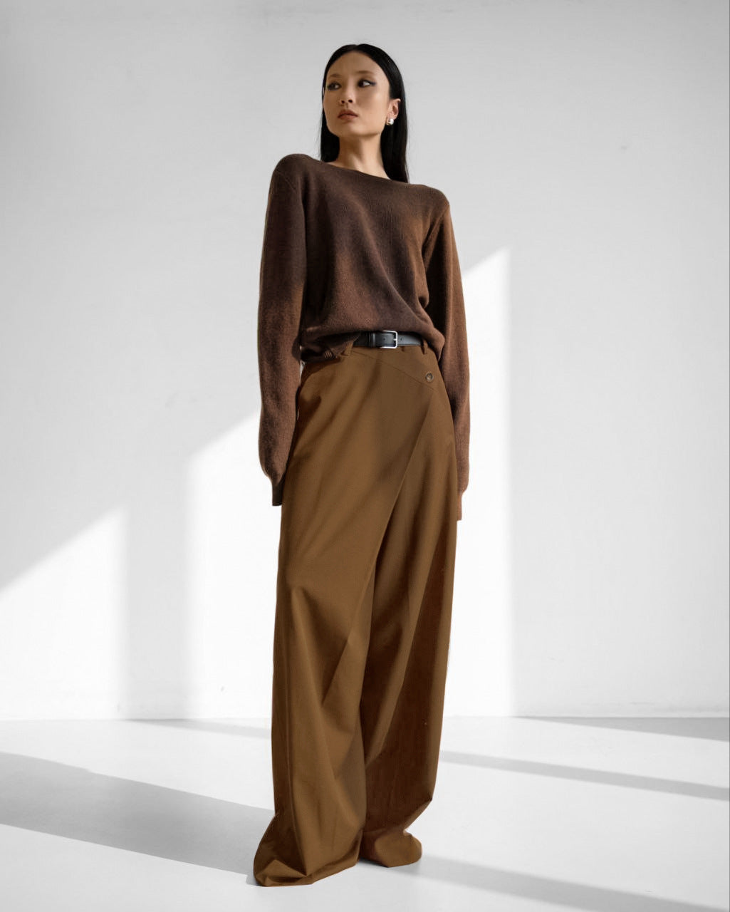 Irregular Wide-Leg High-Waist Floor-Length Trousers No belt