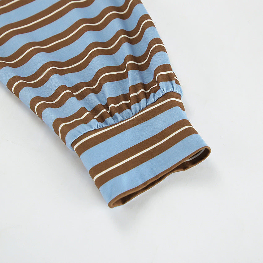 Striped Print Buttons Contrast Turndown Collar Tops