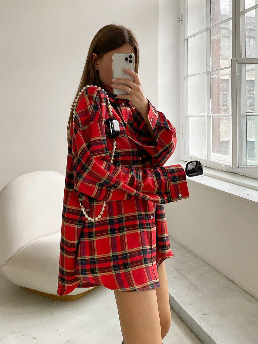 Retro Plaid Loose Long Sleeved Shirt