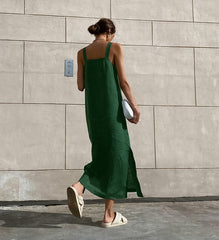 Green Cotton And Linen Sleeveless Slit Dress