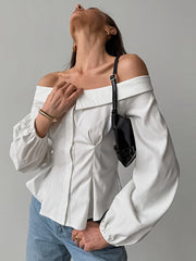 White Button-up Off-shoulder Top