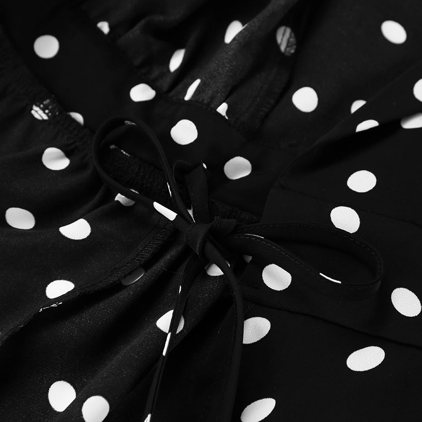 V-Neck Polka Dot Long Sleeve Black Short Dresses