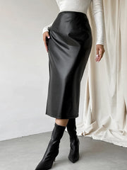 Sheath Leather Skirt Autumn And Winter Black Slit Straight Skirt