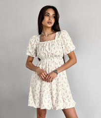 Short-Sleeve Square Neck Floral Print Mini A-Line Dress